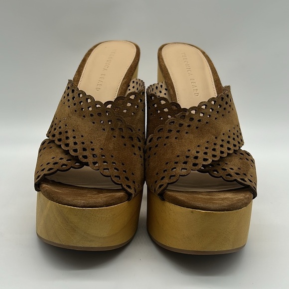 Veronica Beard Gaynor Platform Mules 10 Brown Suede Laser Cut Wooden Heel NWB - Picture 5 of 10